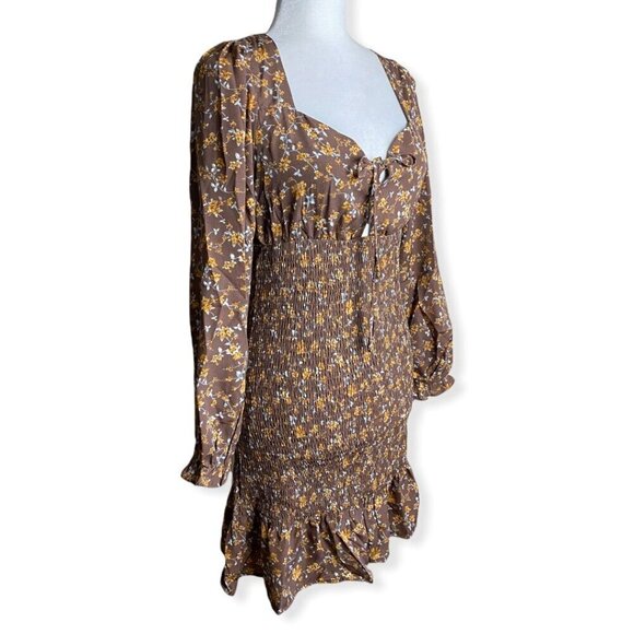 DNT NEW $219 Smocked Mini Dress in Brown Cottagecore Boho Festival Women's Sz M - Picture 4 of 7